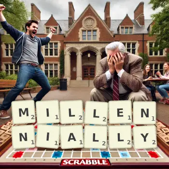 Creative illustration for a Scrabble game with the word MILLENNIALLY spelled out in tiles on the board.
