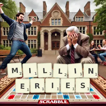 Creative illustration for a Scrabble game with the word MILLINERIES spelled out in tiles on the board.