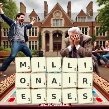 Creative illustration for a Scrabble game with the word MILLIONAIRESSES spelled out in tiles on the board.