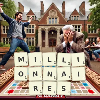 Creative illustration for a Scrabble game with the word MILLIONNAIRES spelled out in tiles on the board.