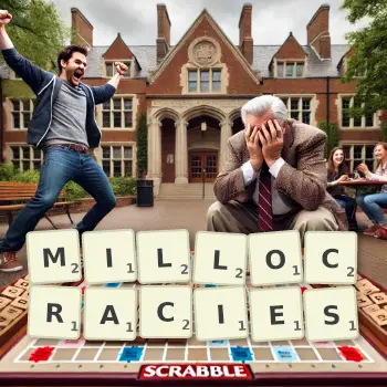 Creative illustration for a Scrabble game with the word MILLOCRACIES spelled out in tiles on the board.
