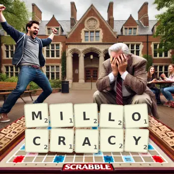 Creative illustration for a Scrabble game with the word MILLOCRACY spelled out in tiles on the board.