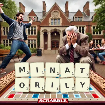 Creative illustration for a Scrabble game with the word MINATORILY spelled out in tiles on the board.