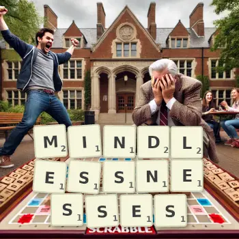Creative illustration for a Scrabble game with the word MINDLESSNESSES spelled out in tiles on the board.