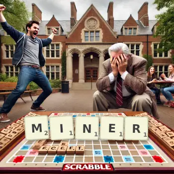 Creative illustration for a Scrabble game with the word MINER spelled out in tiles on the board.
