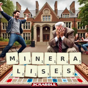 Creative illustration for a Scrabble game with the word MINERALISES spelled out in tiles on the board.