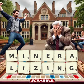 Creative illustration for a Scrabble game with the word MINERALIZING spelled out in tiles on the board.