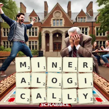 Creative illustration for a Scrabble game with the word MINERALOGICALLY spelled out in tiles on the board.