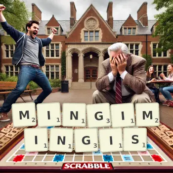 Creative illustration for a Scrabble game with the word MINGIMINGIS spelled out in tiles on the board.
