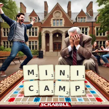 Creative illustration for a Scrabble game with the word MINICAMP spelled out in tiles on the board.
