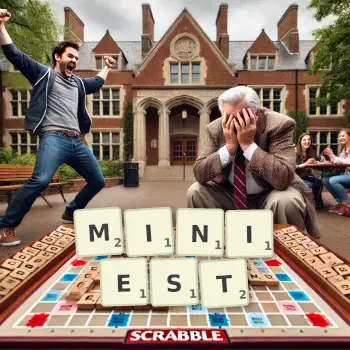 Creative illustration for a Scrabble game with the word MINIEST spelled out in tiles on the board.