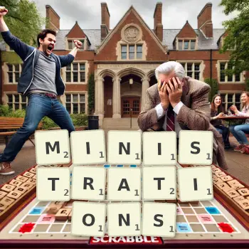 Creative illustration for a Scrabble game with the word MINISTRATIONS spelled out in tiles on the board.