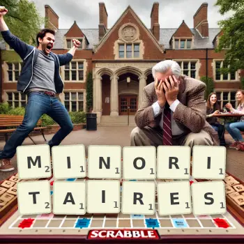Creative illustration for a Scrabble game with the word MINORITAIRES spelled out in tiles on the board.