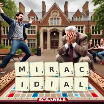 Creative illustration for a Scrabble game with the word MIRACIDIAL spelled out in tiles on the board.