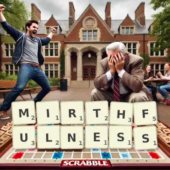 Creative illustration for a Scrabble game with the word MIRTHFULNESS spelled out in tiles on the board.