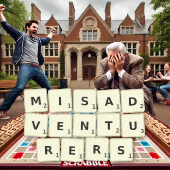 Creative illustration for a Scrabble game with the word MISADVENTURERS spelled out in tiles on the board.