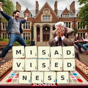 Creative illustration for a Scrabble game with the word MISADVISEDNESS spelled out in tiles on the board.
