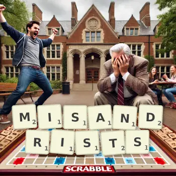 Creative illustration for a Scrabble game with the word MISANDRISTS spelled out in tiles on the board.