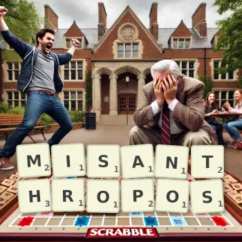 Creative illustration for a Scrabble game with the word MISANTHROPOS spelled out in tiles on the board.