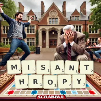 Creative illustration for a Scrabble game with the word MISANTHROPY spelled out in tiles on the board.