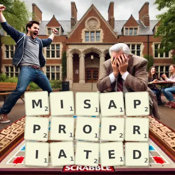 Creative illustration for a Scrabble game with the word MISAPPROPRIATED spelled out in tiles on the board.