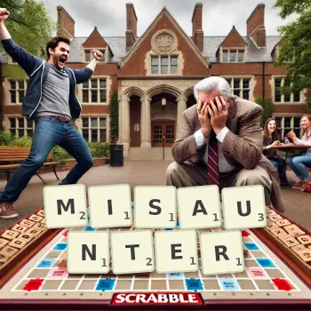 Creative illustration for a Scrabble game with the word MISAUNTER spelled out in tiles on the board.