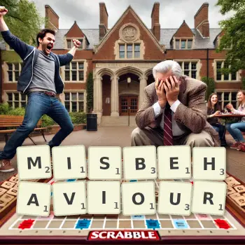 Creative illustration for a Scrabble game with the word MISBEHAVIOUR spelled out in tiles on the board.