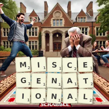 Creative illustration for a Scrabble game with the word MISCEGENATIONAL spelled out in tiles on the board.