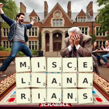 Creative illustration for a Scrabble game with the word MISCELLANARIANS spelled out in tiles on the board.
