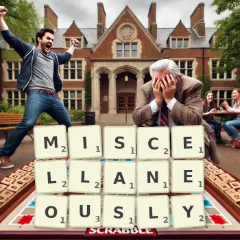 Creative illustration for a Scrabble game with the word MISCELLANEOUSLY spelled out in tiles on the board.