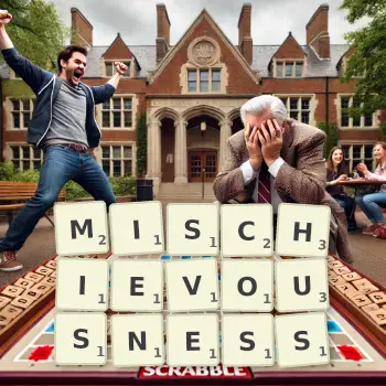 Creative illustration for a Scrabble game with the word MISCHIEVOUSNESS spelled out in tiles on the board.
