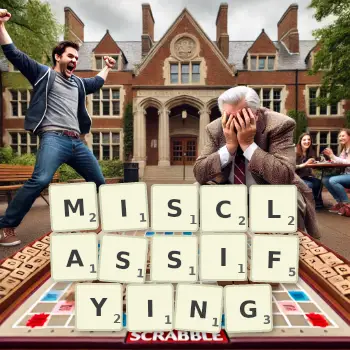 Creative illustration for a Scrabble game with the word MISCLASSIFYING spelled out in tiles on the board.