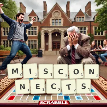 Creative illustration for a Scrabble game with the word MISCONNECTS spelled out in tiles on the board.