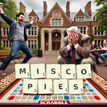 Creative illustration for a Scrabble game with the word MISCOPIES spelled out in tiles on the board.
