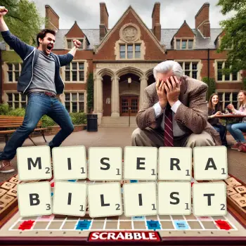 Creative illustration for a Scrabble game with the word MISERABILIST spelled out in tiles on the board.