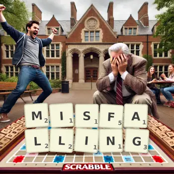 Creative illustration for a Scrabble game with the word MISFALLING spelled out in tiles on the board.