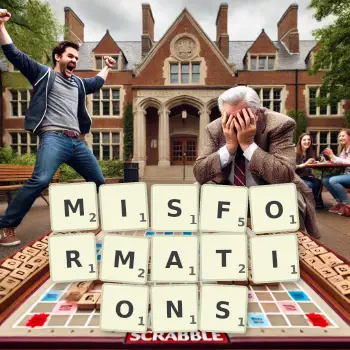 Creative illustration for a Scrabble game with the word MISFORMATIONS spelled out in tiles on the board.