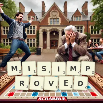 Creative illustration for a Scrabble game with the word MISIMPROVED spelled out in tiles on the board.