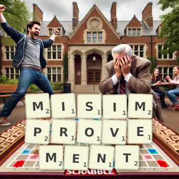 Creative illustration for a Scrabble game with the word MISIMPROVEMENT spelled out in tiles on the board.