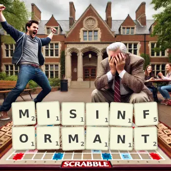 Creative illustration for a Scrabble game with the word MISINFORMANT spelled out in tiles on the board.
