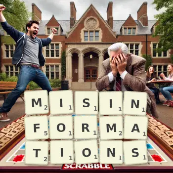 Creative illustration for a Scrabble game with the word MISINFORMATIONS spelled out in tiles on the board.