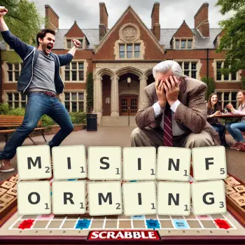 Creative illustration for a Scrabble game with the word MISINFORMING spelled out in tiles on the board.