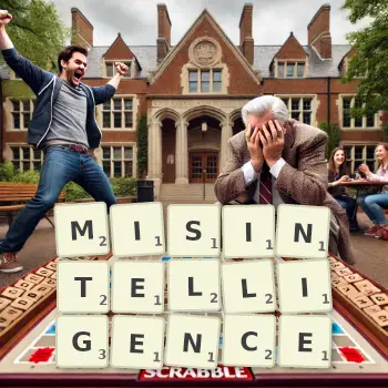 Creative illustration for a Scrabble game with the word MISINTELLIGENCE spelled out in tiles on the board.