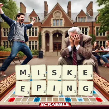 Creative illustration for a Scrabble game with the word MISKEEPING spelled out in tiles on the board.