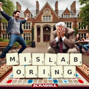 Creative illustration for a Scrabble game with the word MISLABORING spelled out in tiles on the board.