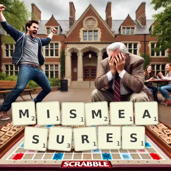 Creative illustration for a Scrabble game with the word MISMEASURES spelled out in tiles on the board.