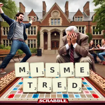 Creative illustration for a Scrabble game with the word MISMETRED spelled out in tiles on the board.