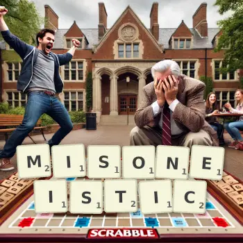 Creative illustration for a Scrabble game with the word MISONEISTIC spelled out in tiles on the board.