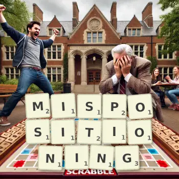 Creative illustration for a Scrabble game with the word MISPOSITIONING spelled out in tiles on the board.