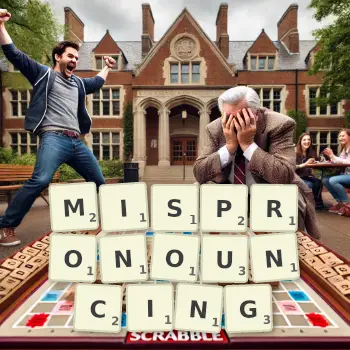 Creative illustration for a Scrabble game with the word MISPRONOUNCING spelled out in tiles on the board.
